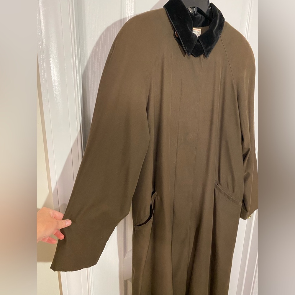 90s Talbots Velvet Collar Long Trench Coat Vintage Olive Brown Size 8 - Picture 7 of 15